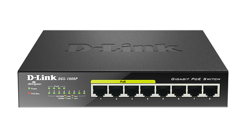 D-Link DGS-1008P switch di rete Non gestito Gigabit Ethernet (10/100/1000) Supporto Power over (PoE) Nero [DGS-1008P]