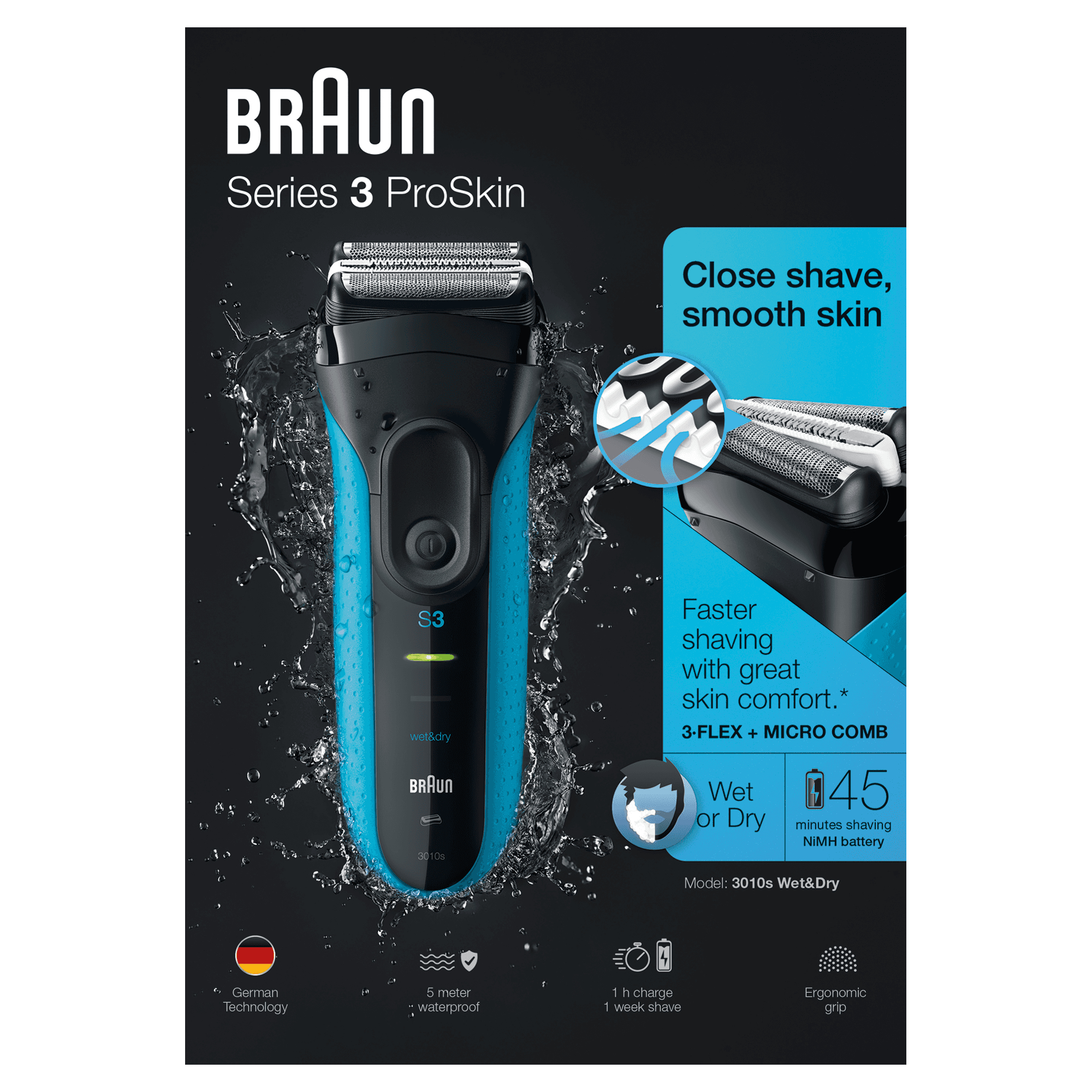 Braun Series 3 ProSkin 3010s Rasoio Elettrico, Nero/Blu [81607300]