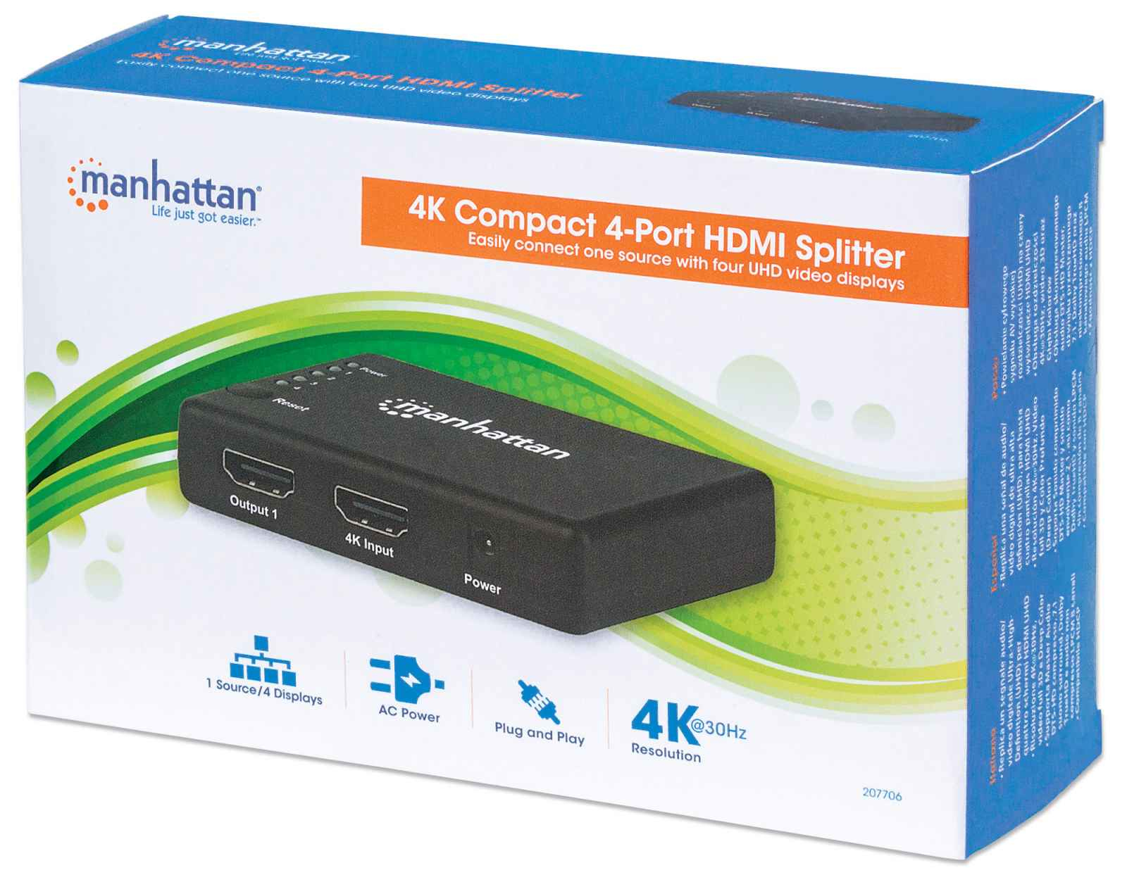 Ripartitore video Manhattan Splitter HDMI Techly 4K UHD 3D con LED 4 vie IDATA HDMI-4K4PMH- 4Porte