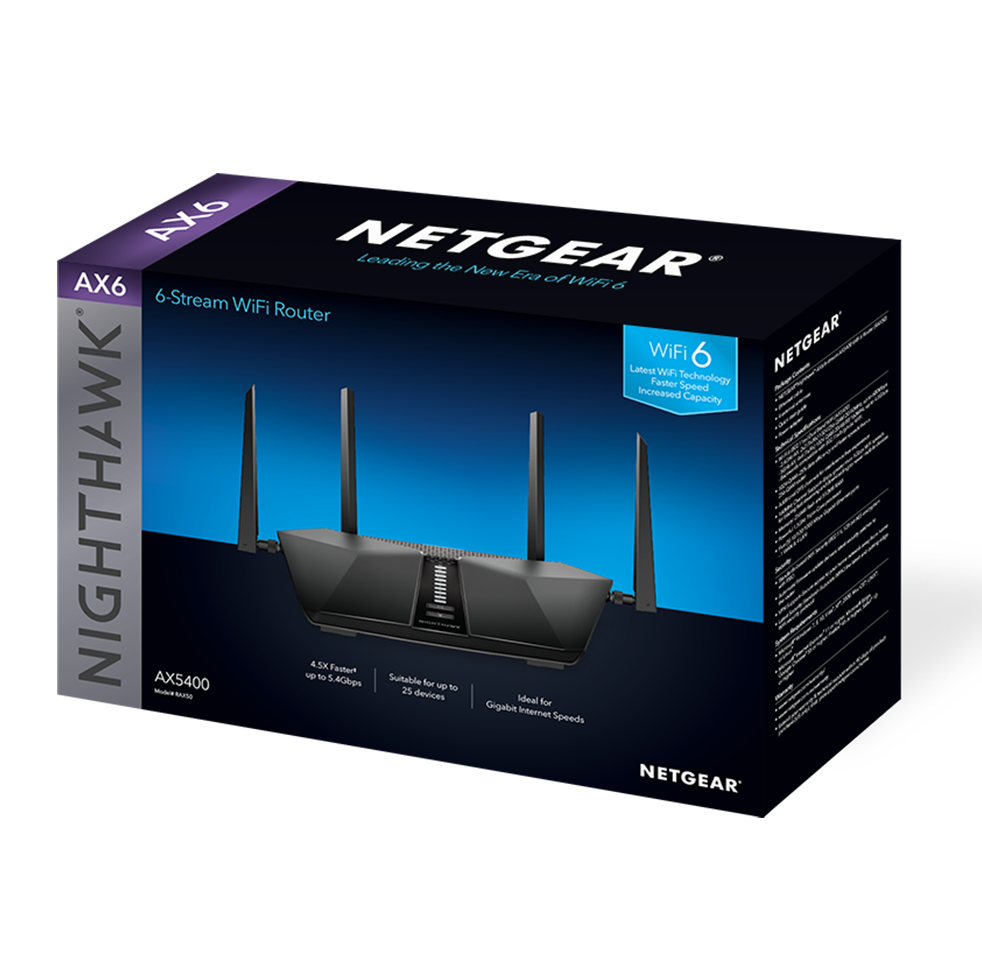 NETGEAR Nighthawk AX5400 router wireless Gigabit Ethernet Dual-band (2.4 GHz/5 GHz) Nero [RAX50-100EUS]