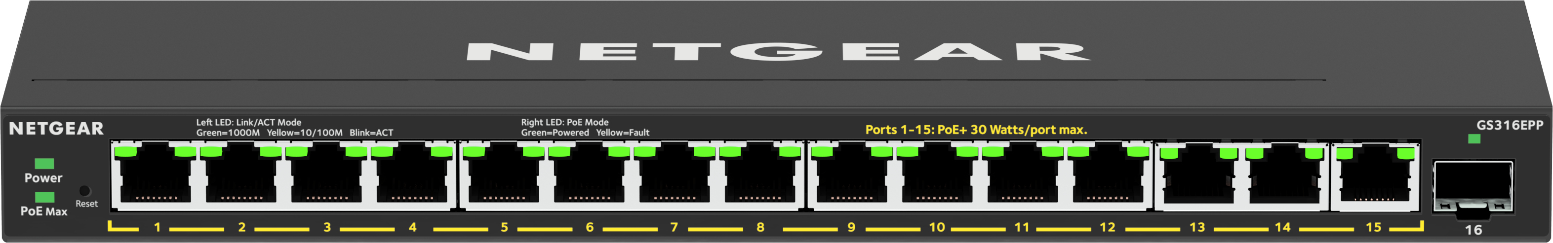 Switch di rete NETGEAR 16-Port High-Power PoE+ Gigabit Ethernet Plus (231W) with 1 SFP port (GS316EPP) Gestito (10/100/1000) Supporto Power over (PoE) Nero [GS316EPP-100PES]