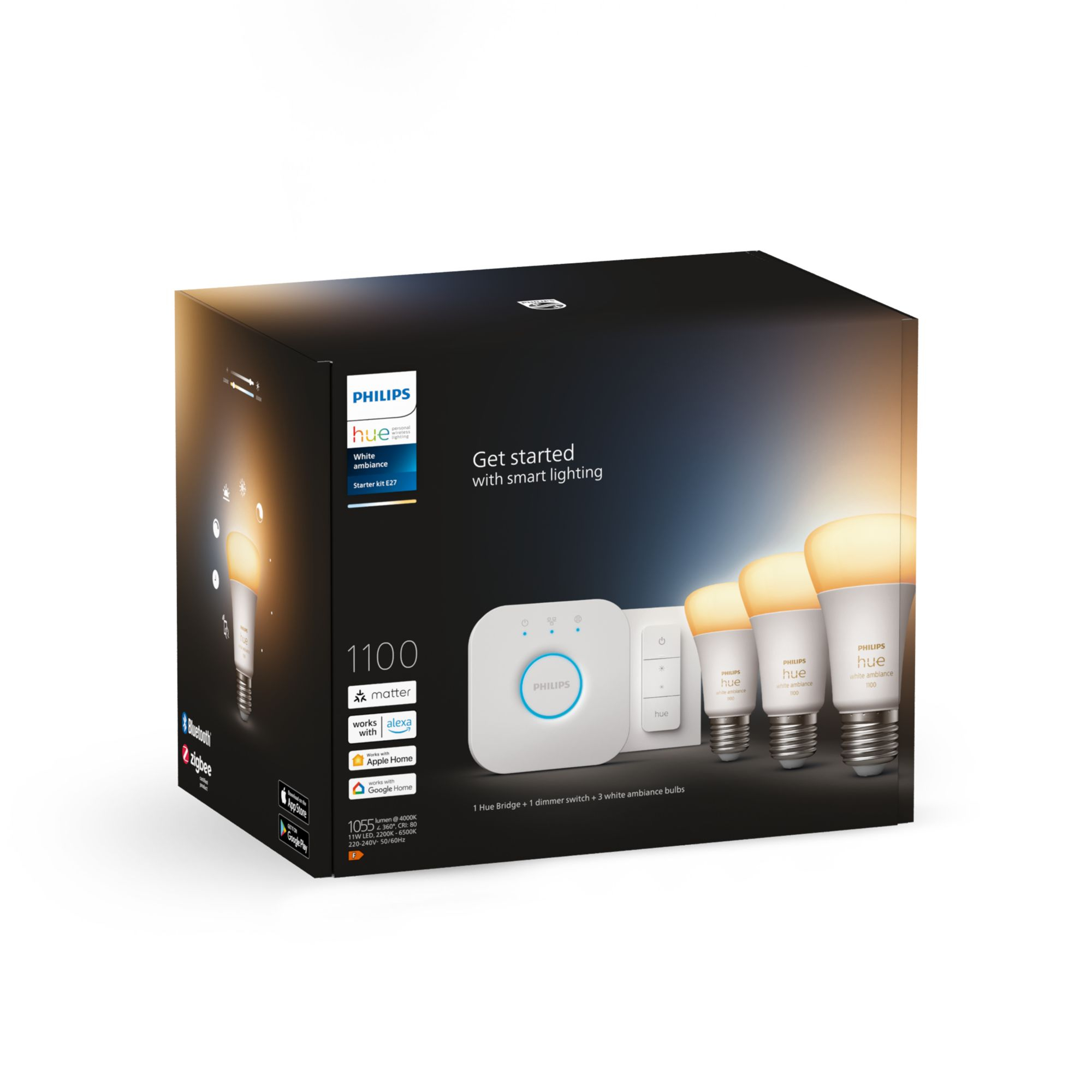 Philips by Signify Hue White ambiance Starter Kit Bridge + 3 Lampadine Smart E27 75W Dimmer Switch [8719514291232]