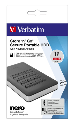 Hard disk esterno Verbatim Disco rigido portatile Store Â‘nÂ’ GoÂ® Secure con tastierino di accesso da 2TB (2TB n Go USB 3.1 with Keypad Access Black) [53403]